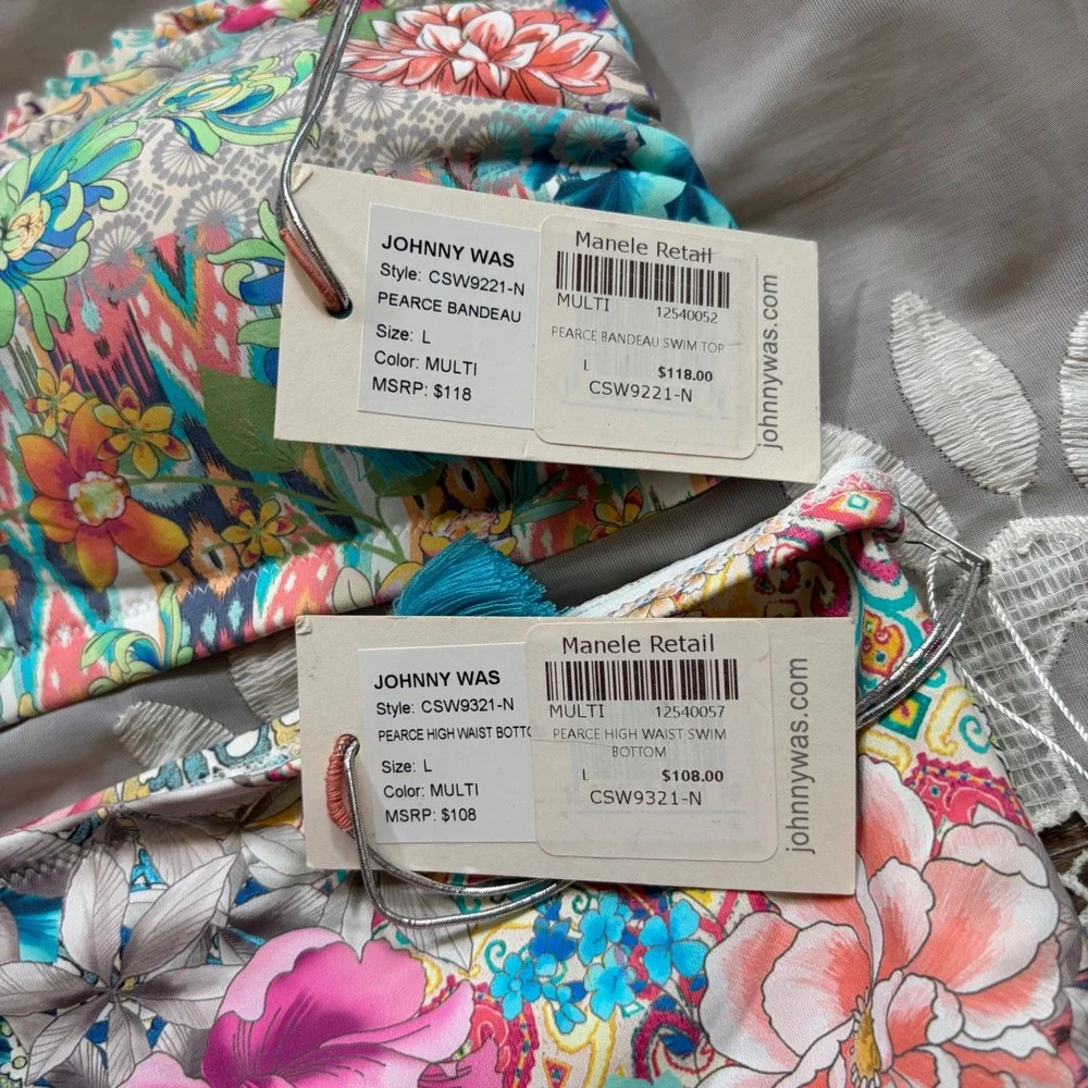 Johnny Was Pearce Bandeau Top & High Waist Bottom Bikini Set Multi L CSW9221-N